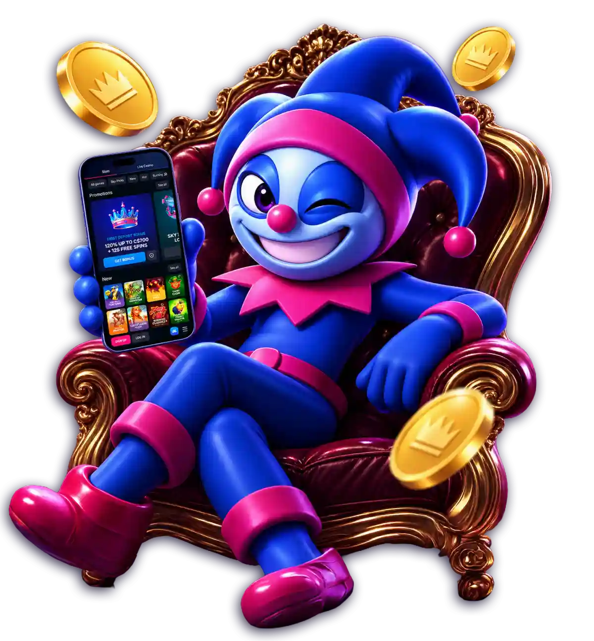 SkyCrown Casino jester mascot lounging on a throne holding a smartphone showing a 120% first deposit bonus and game selection screen