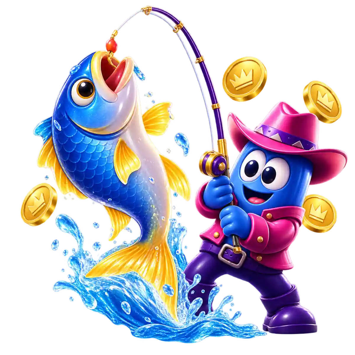 SkyCrown Casino fishing mascot in a pink cowboy hat reeling in a large fish with a fishing rod, surrounded by gold crown coins