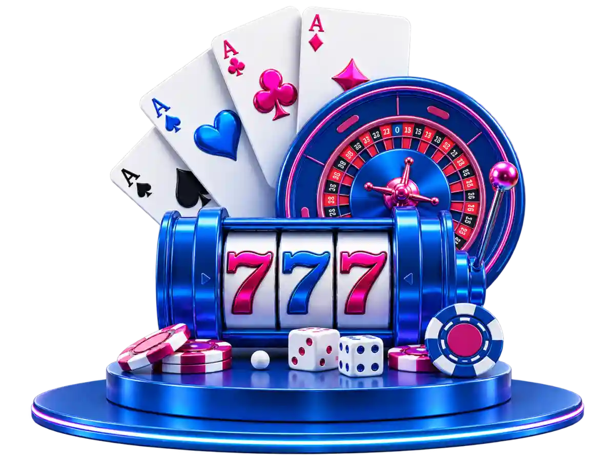 SkyCrown Casino 3D icon featuring a blue slot machine showing 777, roulette wheel, playing cards, dice, and casino chips