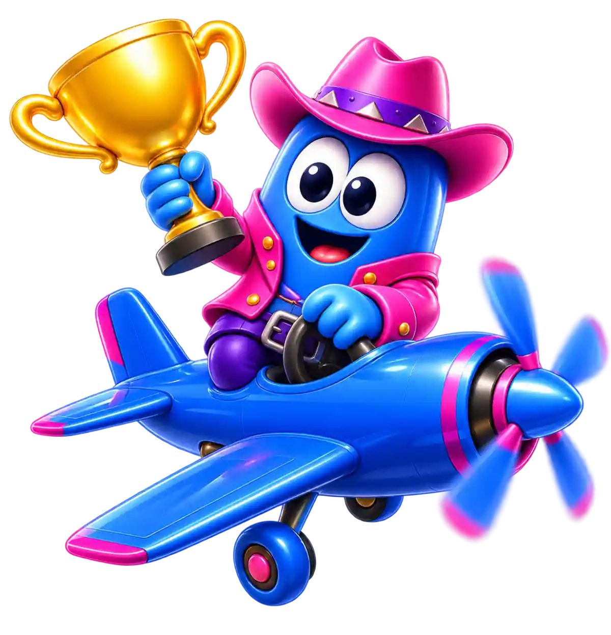 SkyCrown Casino fishing mascot in a pink cowboy hat holding a gold trophy while flying a biplane