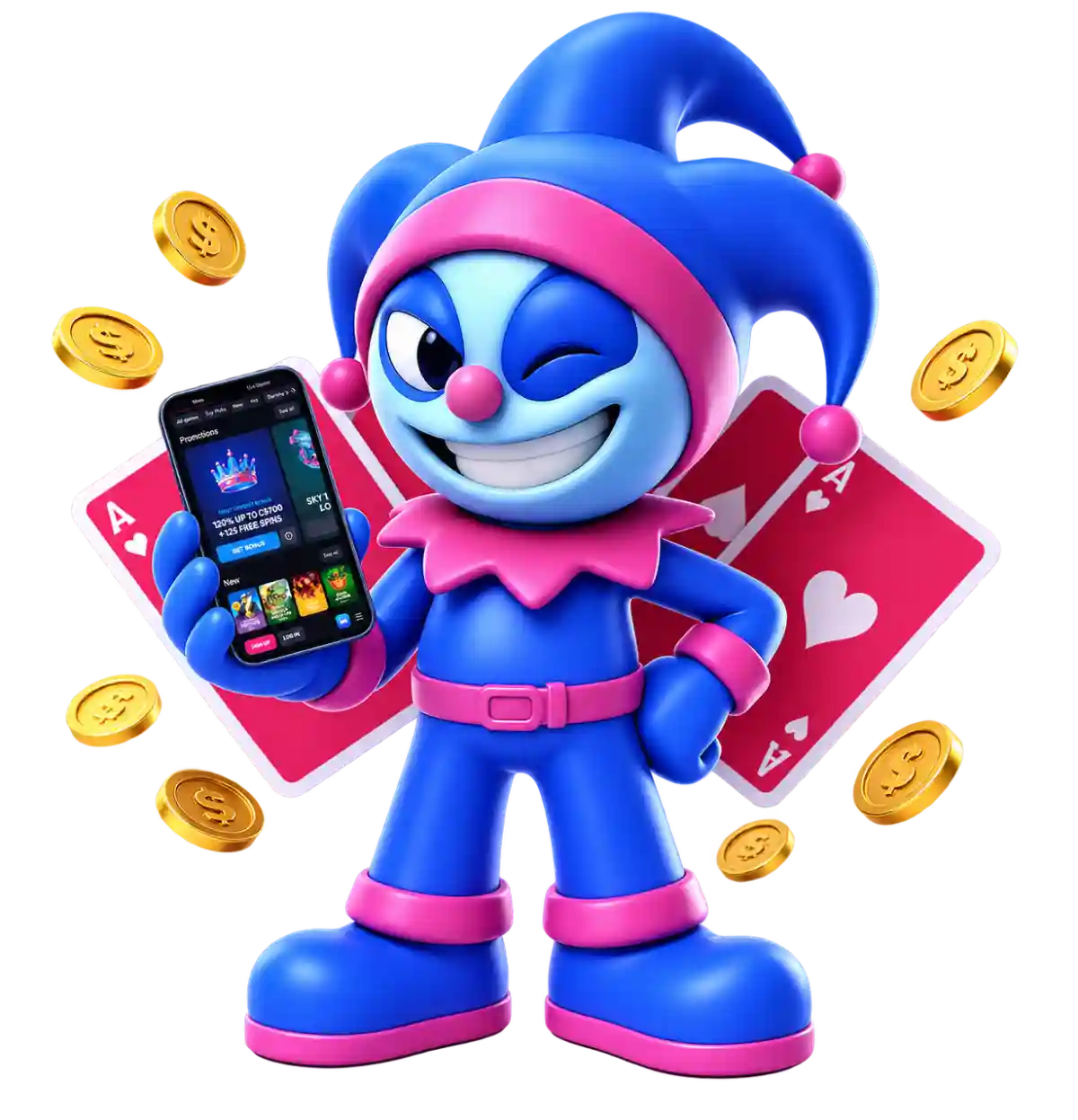 SkyCrown Casino jester mascot holding a smartphone showing a promotions screen with a 120% bonus offer, alongside playing cards and gold coins