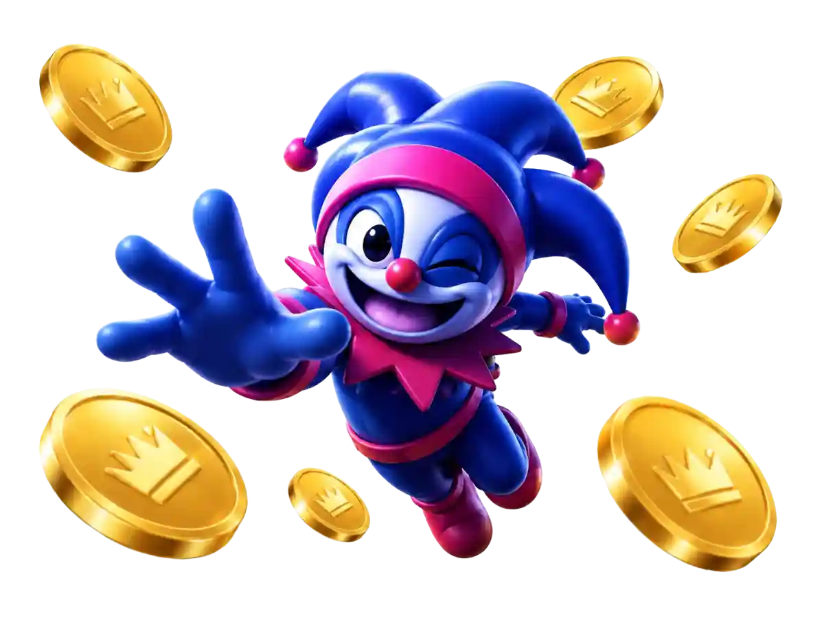 SkyCrown Casino jester mascot reaching out with gold crown coins floating around it