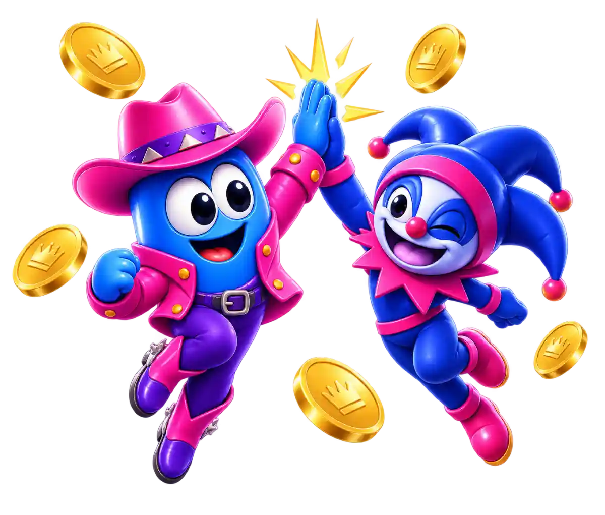 SkyCrown Casino cowboy hat mascot and jester mascot high-fiving surrounded by gold crown coins