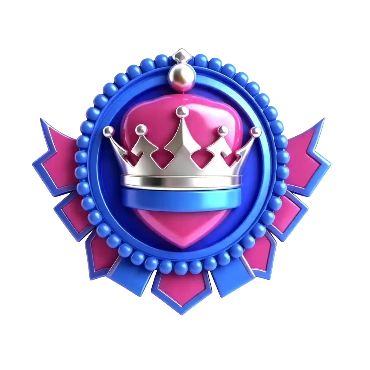 SkyCrown Casino VIP badge featuring a silver crown on a blue and pink medallion with a ribbon design