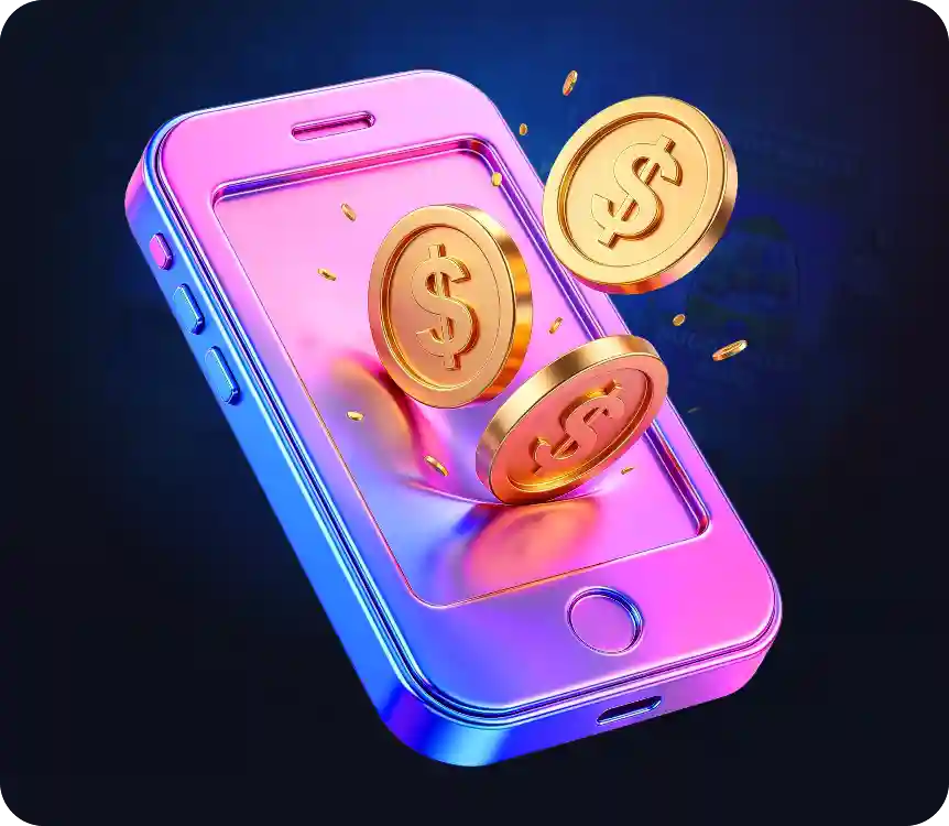 SkyCrown Casino download app icon featuring a smartphone with gold dollar coins floating out of the screen