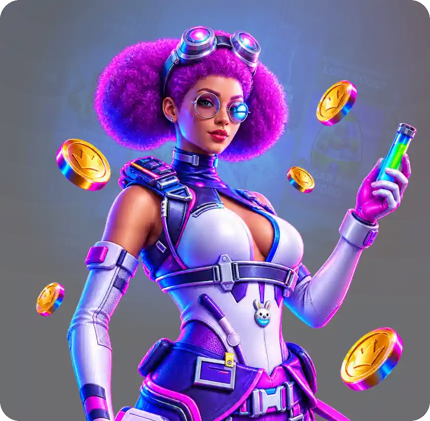 SkyCrown Casino e-sports icon featuring a character with purple hair, goggles, and a glowing vial