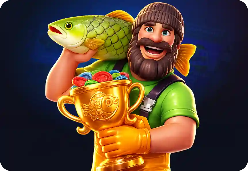SkyCrown Casino bearded fisherman character holding a fish and a gold trophy filled with gems