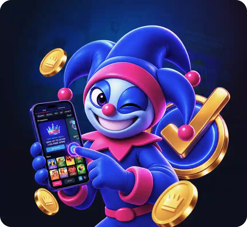 SkyCrown Casino jester mascot pointing at a smartphone showing a bonus offer, with a gold checkmark and coins