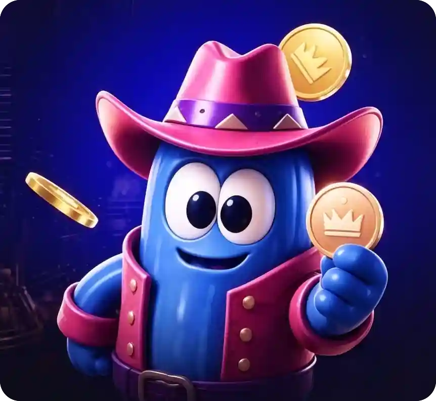 SkyCrown Casino cowboy hat mascot holding a gold crown coin
