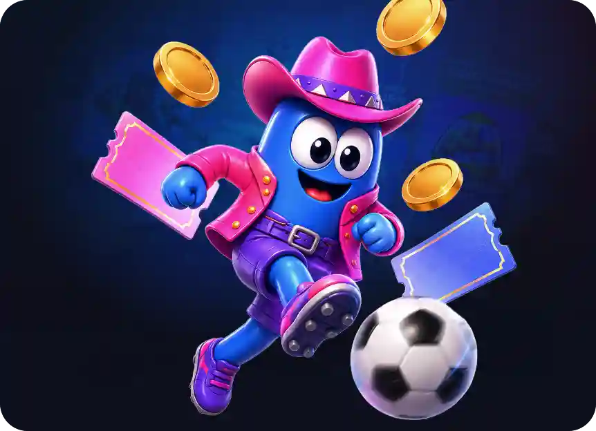 SkyCrown Casino mascot in a cowboy hat kicking a soccer ball with betting tickets and gold coins