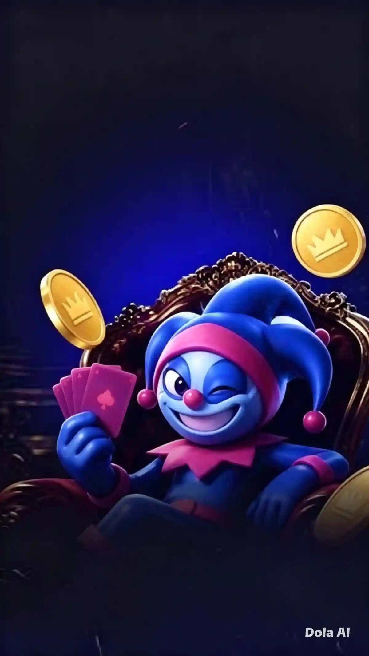 SkyCrown Casino jester mascot sitting on an ornate throne holding a hand of playing cards, with gold crown coins floating nearby
