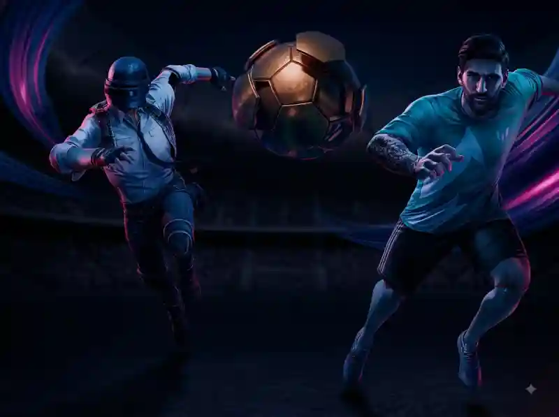 SkyCrown Casino sports and e-sports betting icon featuring a soccer player and a masked tactical character with a glowing soccer ball