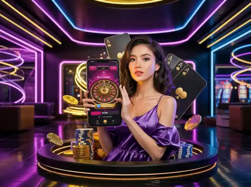 SkyCrown Casino live casino icon featuring a woman in a purple dress holding a smartphone displaying the SkyCrown roulette app, with playing cards and casino chips