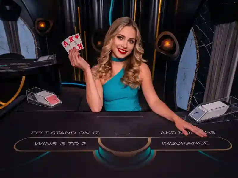 SkyCrown Casino live blackjack dealer holding an ace and king with the table's payout rules displayed