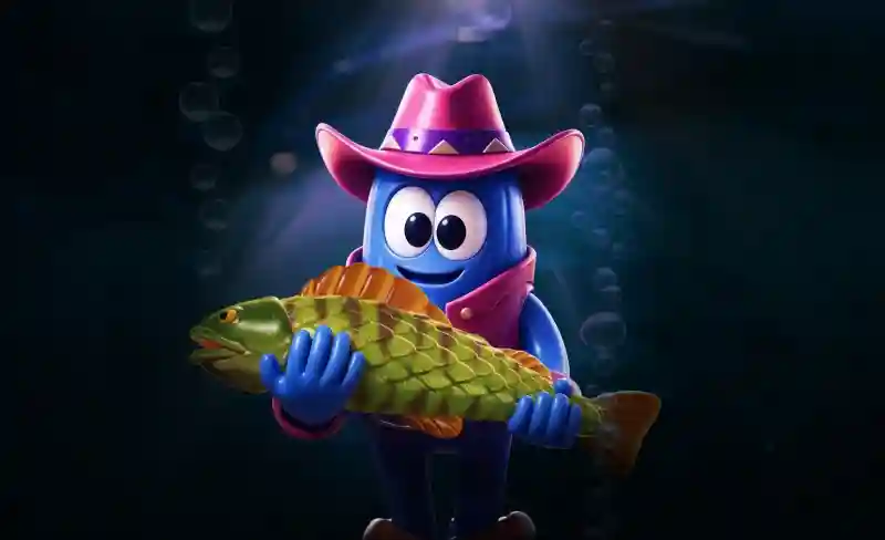 SkyCrown Casino fishing game icon featuring a cartoon blue mascot in a pink cowboy hat holding a large scaled fish underwater