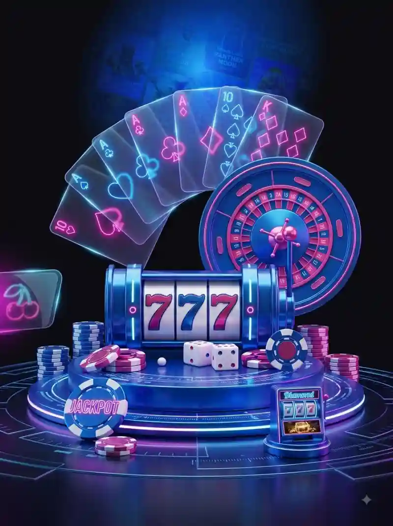 SkyCrown Casino pokies icon featuring a neon-lit slot machine showing 777, playing cards, roulette wheel, and a jackpot chip