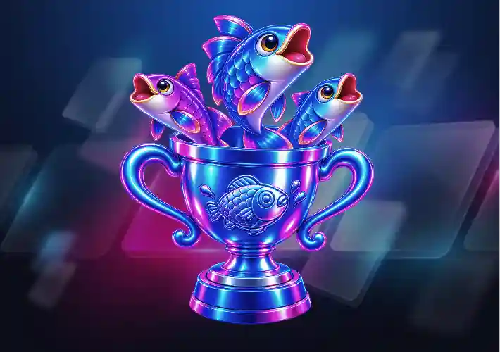 SkyCrown Casino fishing trophy icon with three fish leaping out of a gold cup